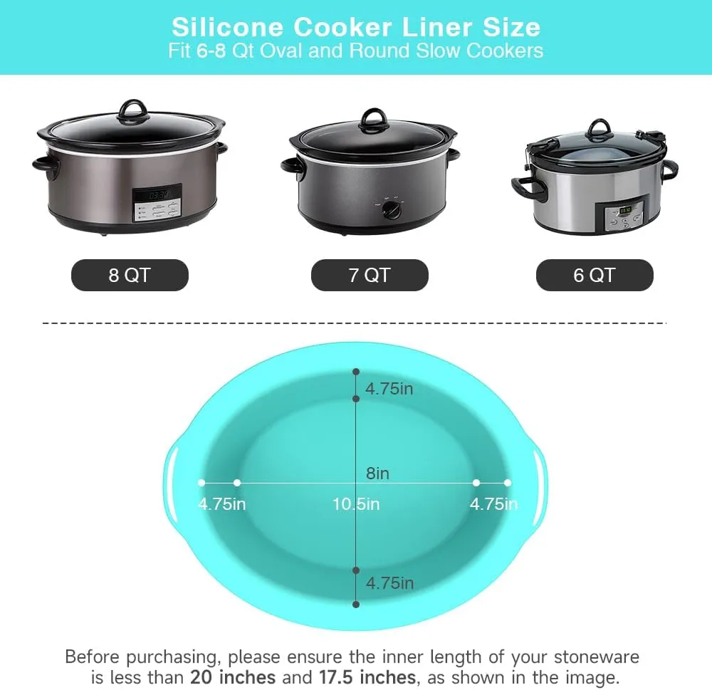 ChefAid Slow Cooker Liners, 100% Silicone Reusable Crock Pot Insert Accessories for 6-8 Oval or Round Quart Slow Cookers, Food Safe & Dishwasher Safe (Grey-Mint)