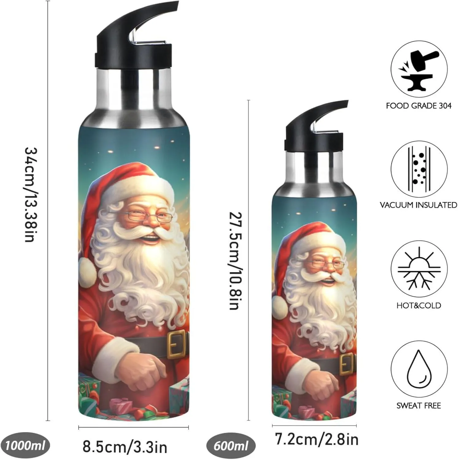 Christmas Pattern Gifts Sport Water Bottle Insulated Stainless Steel Large Vacuum Flask Leak Proof Thermos with Straw for Travel(600ml/1000ml)