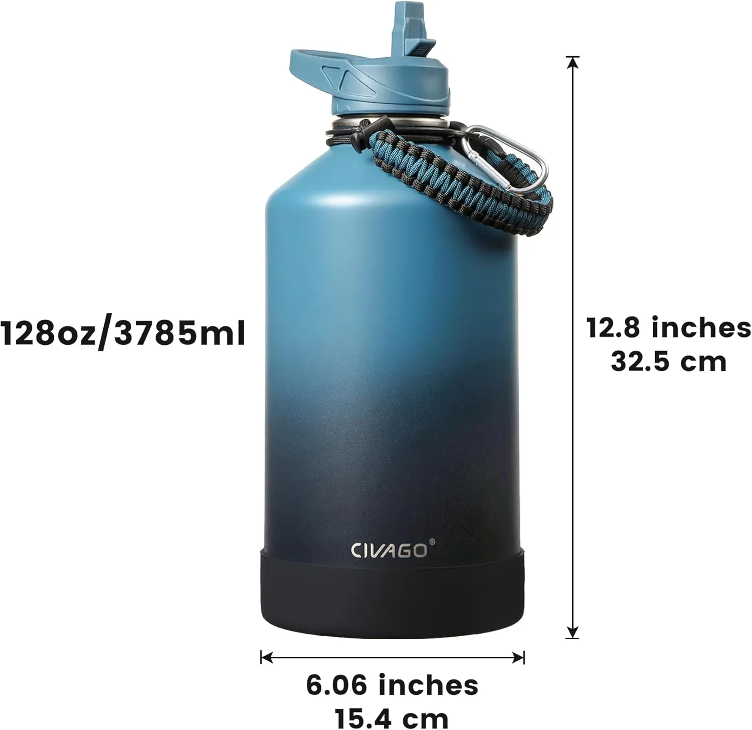 CIVAGO Gallon Insulated Water Bottle Jug with Straw, 128 oz Large Stainless Steel Water Flask, Big Metal Thermal Mug with 3 Lids for Sports, Travel, Gym, and Camping, Deep Cyan
