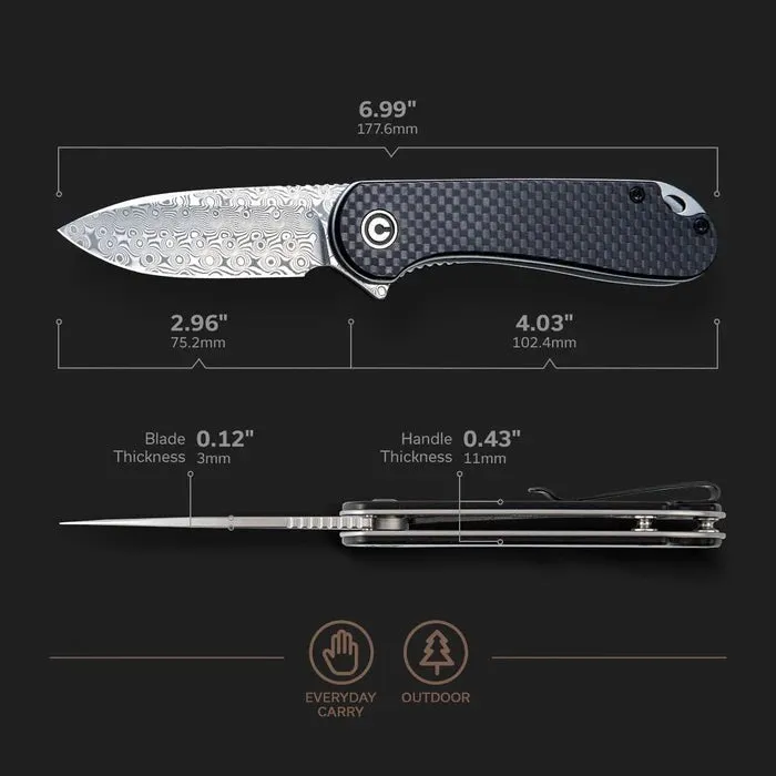 CIVIVI Elementum Flipper, Carbon Fiber & G10 Handle, 2.96" Damascus Blade