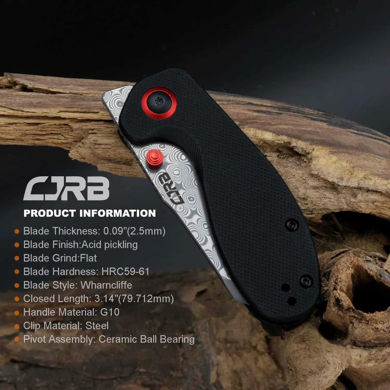 CJRB Maileah pocket knife, folding knife with 2.39'' Damascus Steel Blade, Black G10 Handle EDC Knife for Men Outdoor Survival Camping Limited Edition (J1918D)