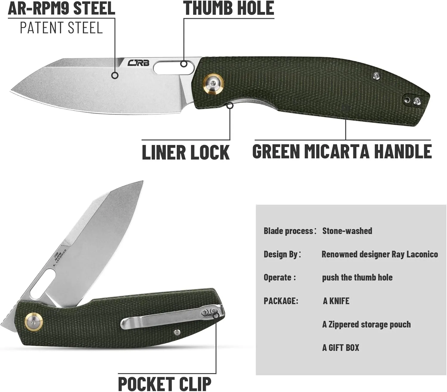 CJRB Pocket EDC Knife Ekko(J1929) Small Folding Knife AR-RPM9 Steel Blade and Green Micarta Handle Outdoor for Men Women for Gifts