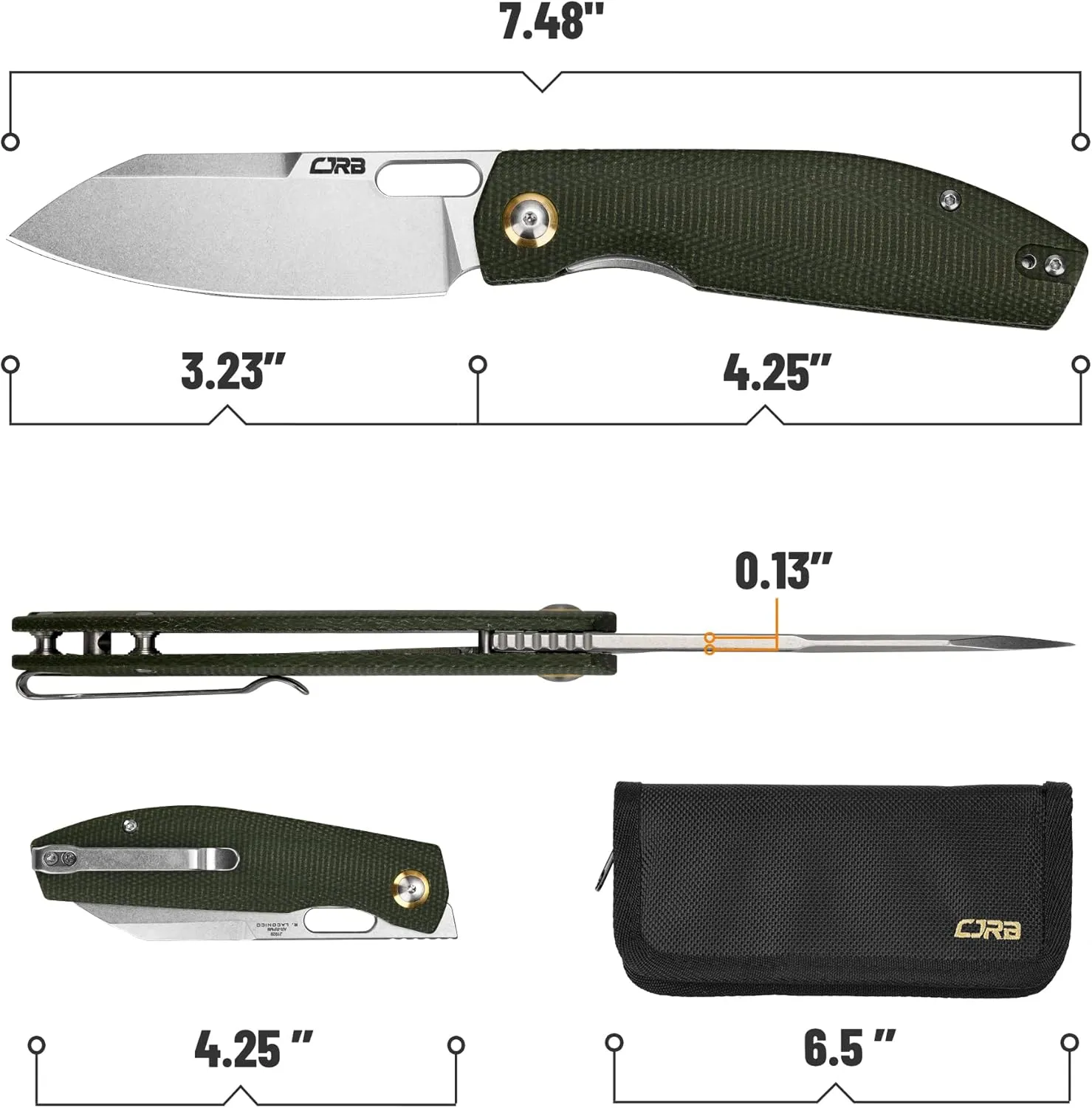 CJRB Pocket EDC Knife Ekko(J1929) Small Folding Knife AR-RPM9 Steel Blade and Green Micarta Handle Outdoor for Men Women for Gifts