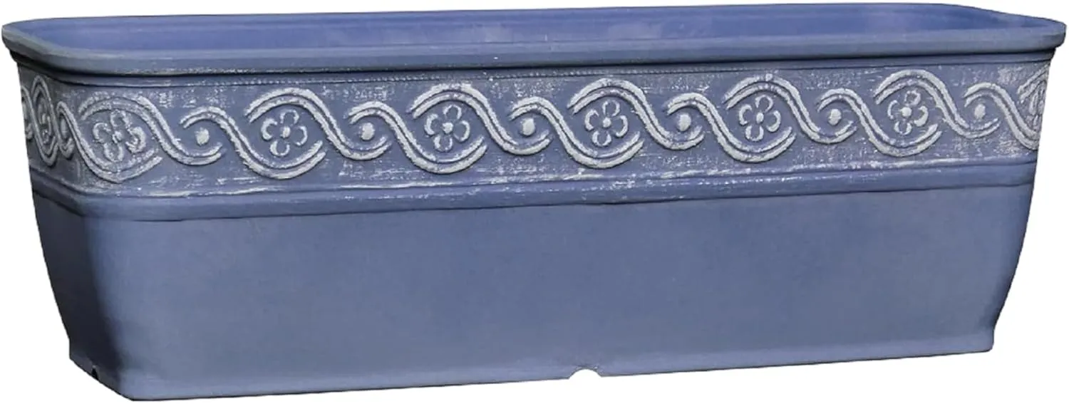 Classic Home and Garden Corinthian Rectangular Planter Box w/Drain Plug - Small Succulent Pots for Window Sills & More - Shallow Trough Planter for Indoor Outdoor Use (10”, Slate Blue, Pack of 1)