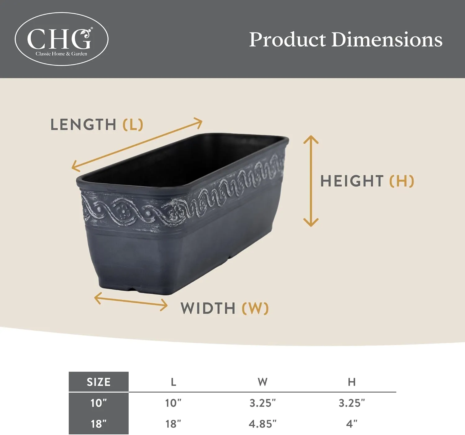 Classic Home and Garden Corinthian Rectangular Planter Box w/Drain Plug - Small Succulent Pots for Window Sills & More - Shallow Trough Planter for Indoor Outdoor Use (10”, Slate Blue, Pack of 1)