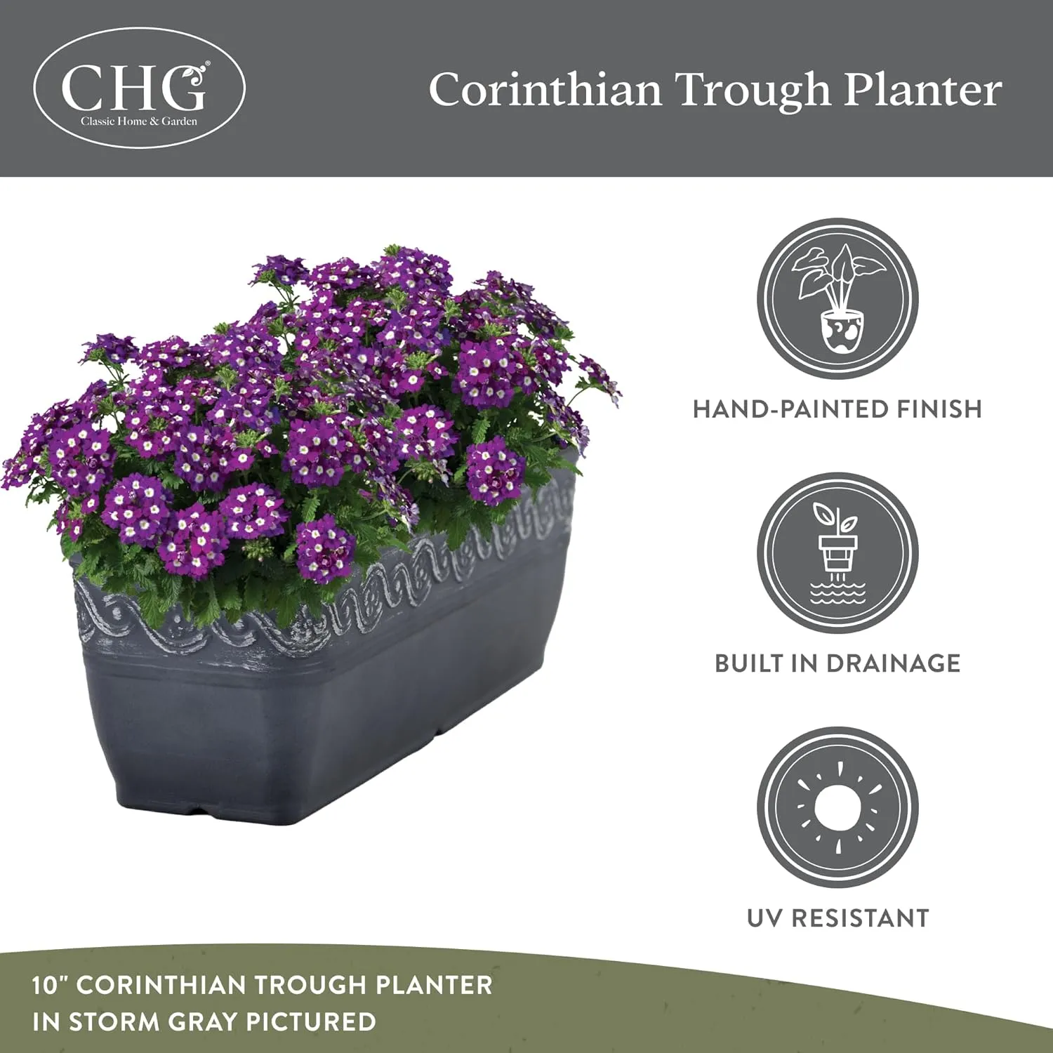 Classic Home and Garden Corinthian Rectangular Planter Box w/Drain Plug - Small Succulent Pots for Window Sills & More - Shallow Trough Planter for Indoor Outdoor Use (10”, Slate Blue, Pack of 1)