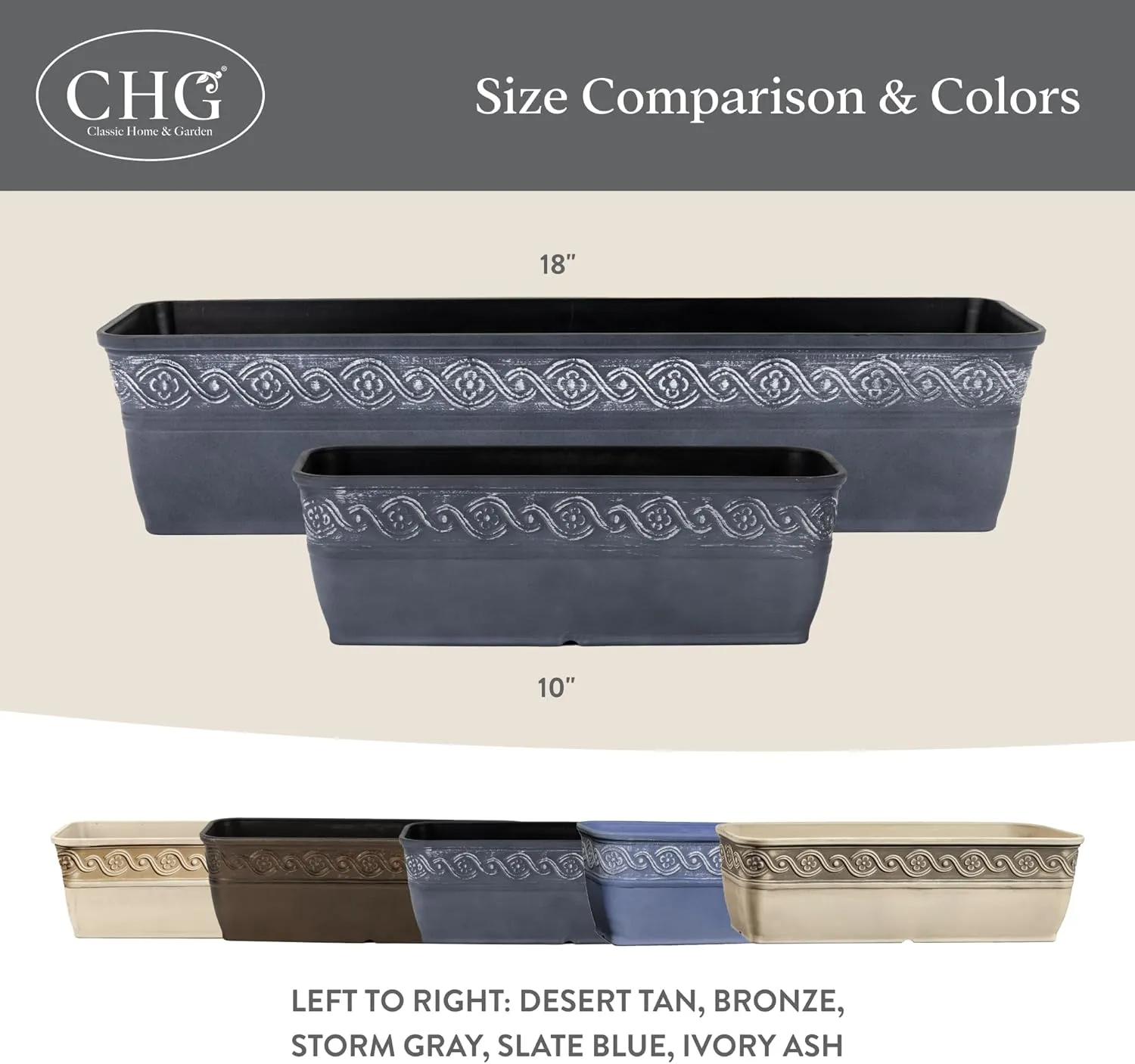 Classic Home and Garden Corinthian Rectangular Planter Box w/Drain Plug - Small Succulent Pots for Window Sills & More - Shallow Trough Planter for Indoor Outdoor Use (10”, Slate Blue, Pack of 1)