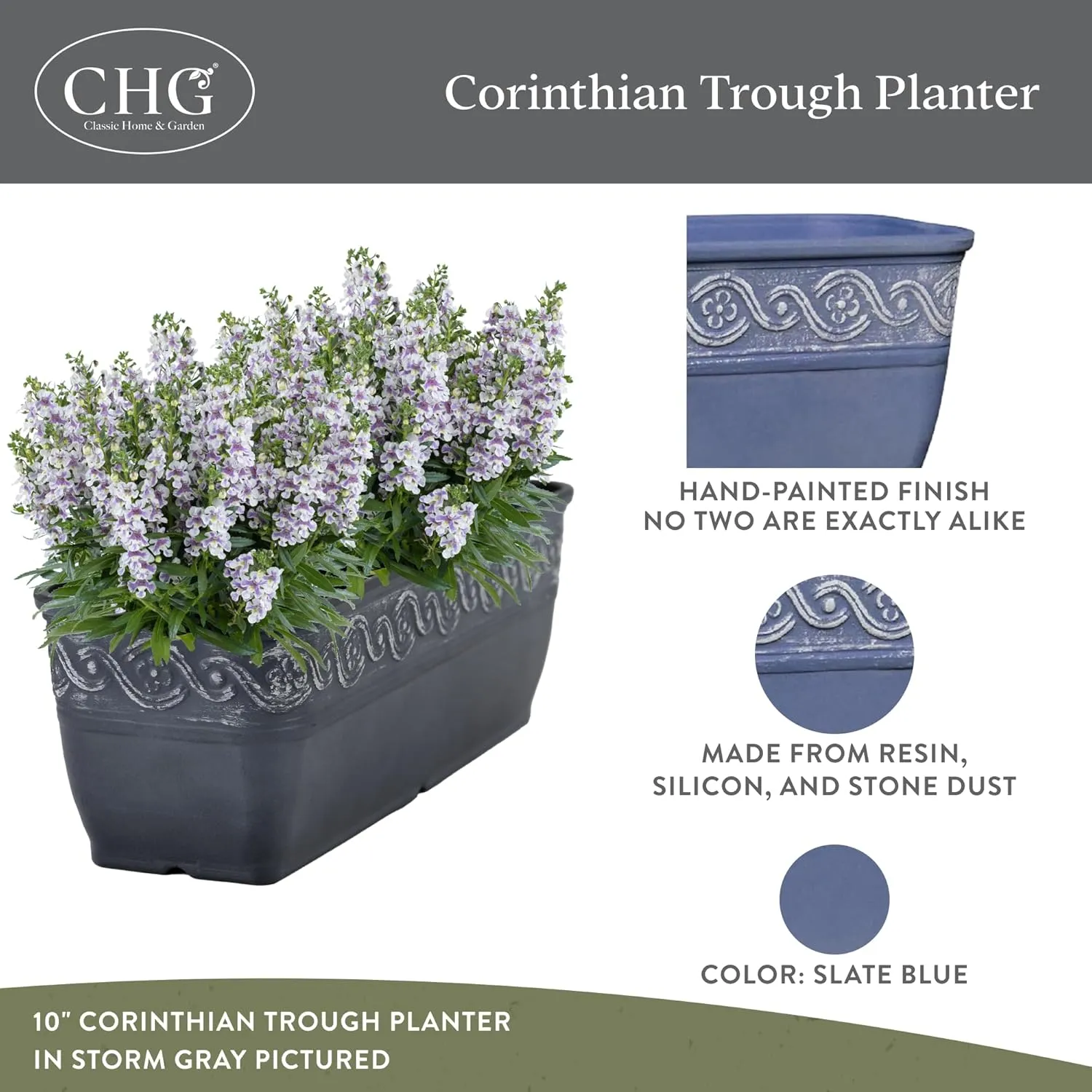 Classic Home and Garden Corinthian Rectangular Planter Box w/Drain Plug - Small Succulent Pots for Window Sills & More - Shallow Trough Planter for Indoor Outdoor Use (10”, Slate Blue, Pack of 1)