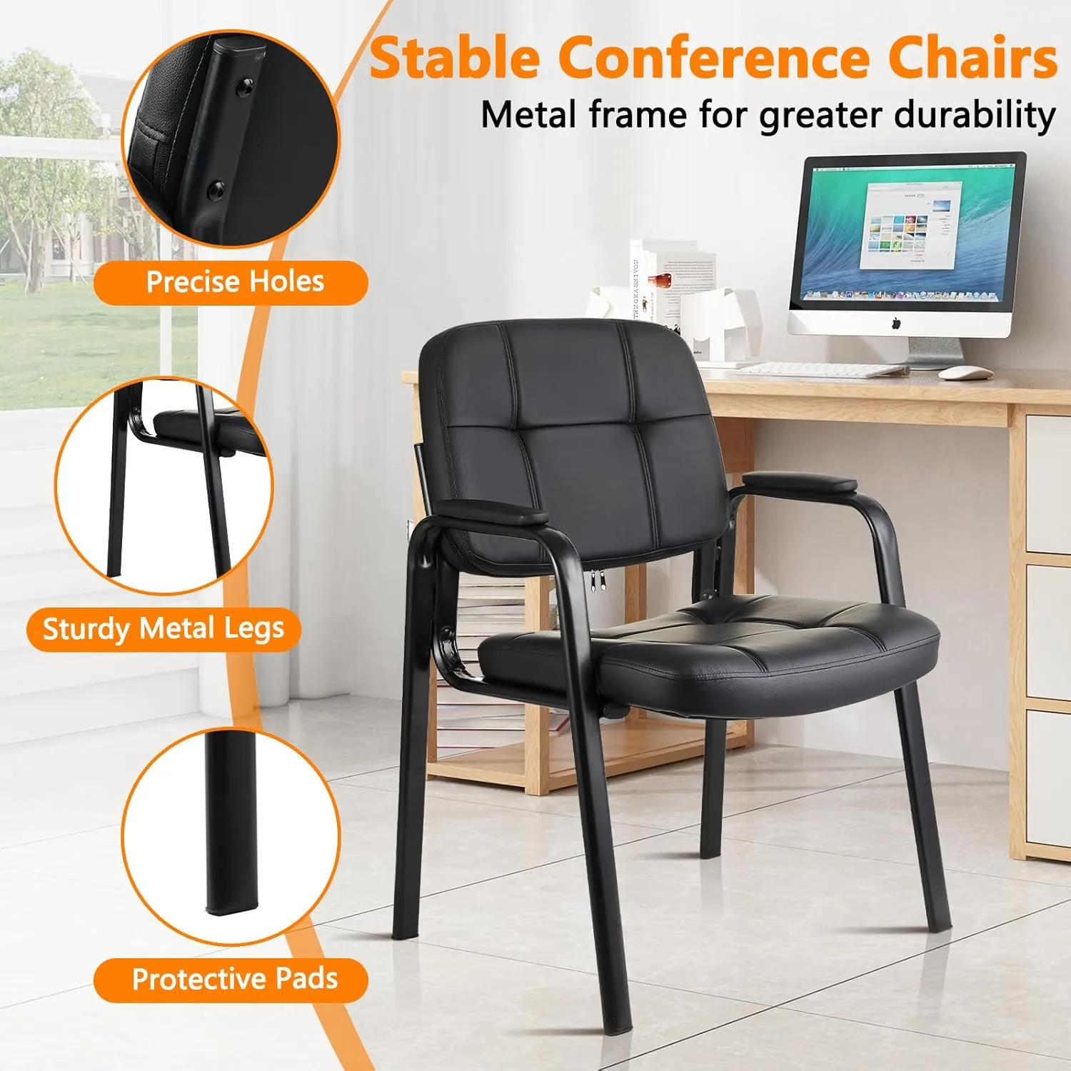 CLATINA Waiting Room Guest Chair with Bonded Leather Padded Arm Rest for Office Reception and Conference Desk Black