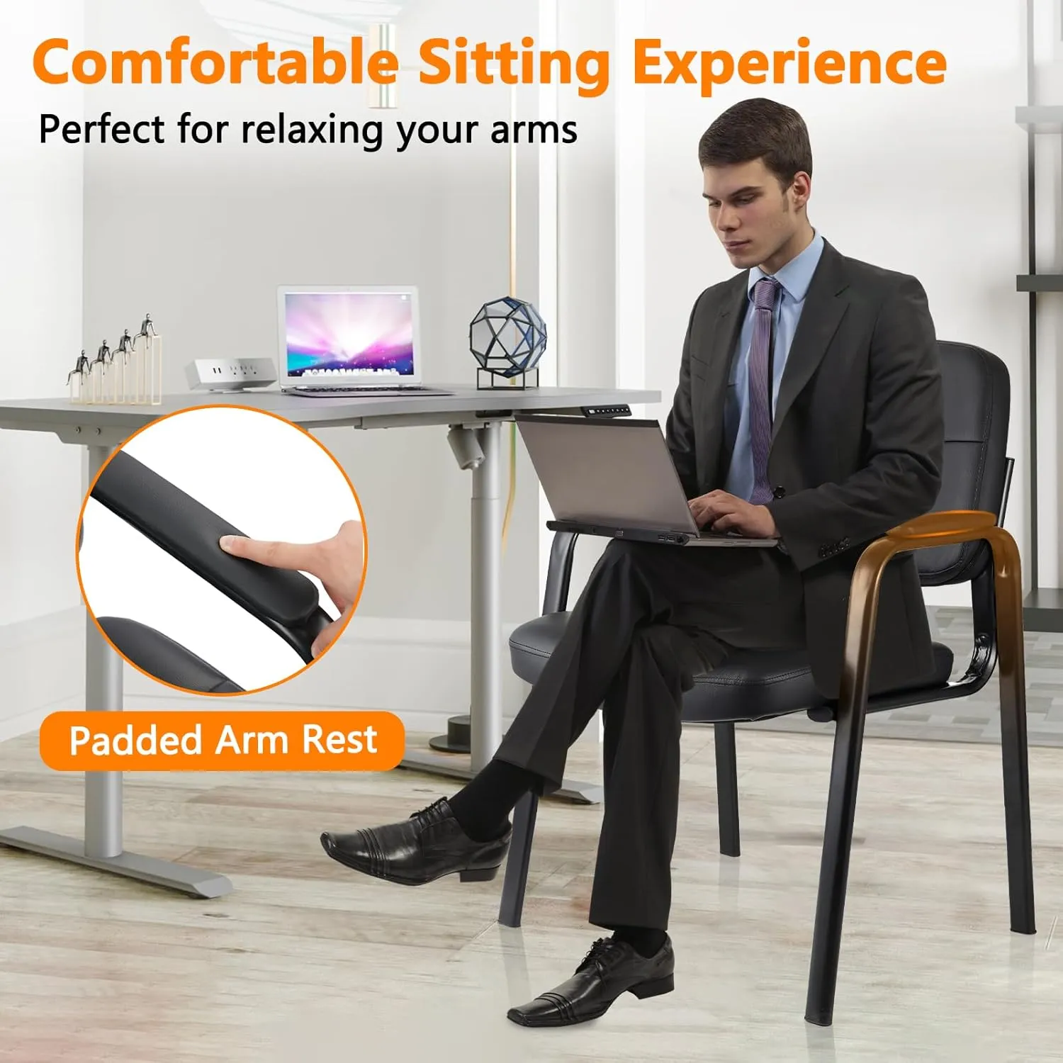 CLATINA Waiting Room Guest Chair with Bonded Leather Padded Arm Rest for Office Reception and Conference Desk Black