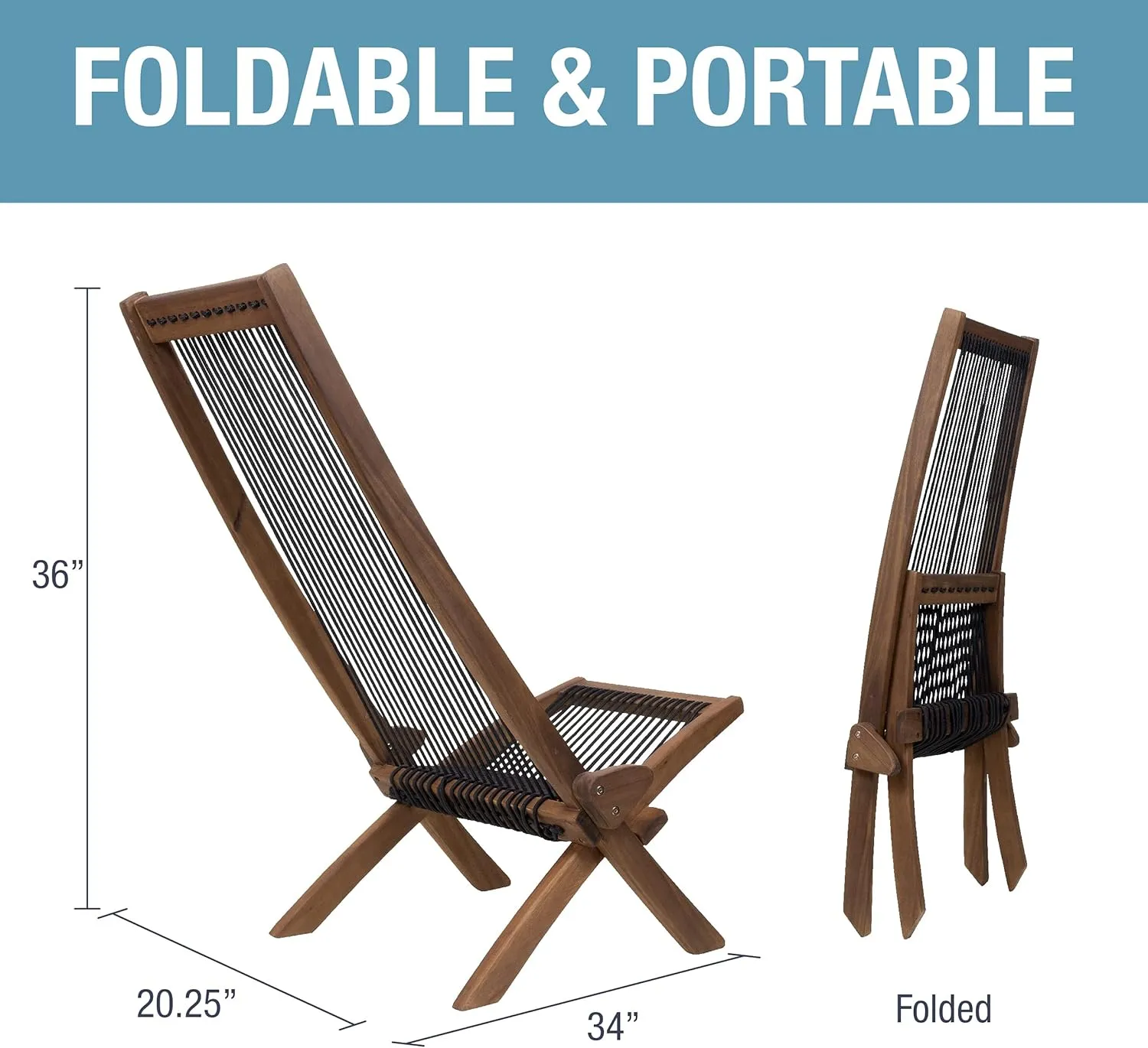 CleverMade Tamarack Folding Rope Chair - Foldable Outdoor Low Profile Wood Lounge Chair for the Patio, Backyard, and Deck, No Assembly Required