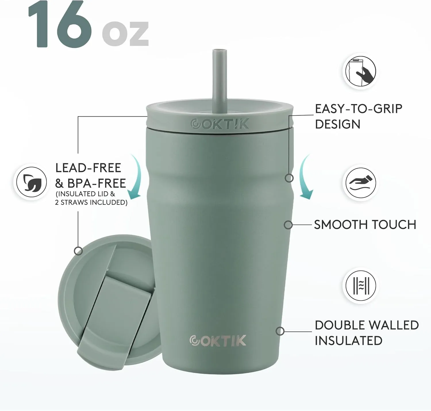 COKTIK 16oz Insulated Tumbler with Lid and Straw 2 Lids (Straw/Flip) Iced Coffee Cup Reusable Stainless Steel Travel Mug Water Bottle Cupholder Friendly for Women Men Her Him (Bay Leaf)