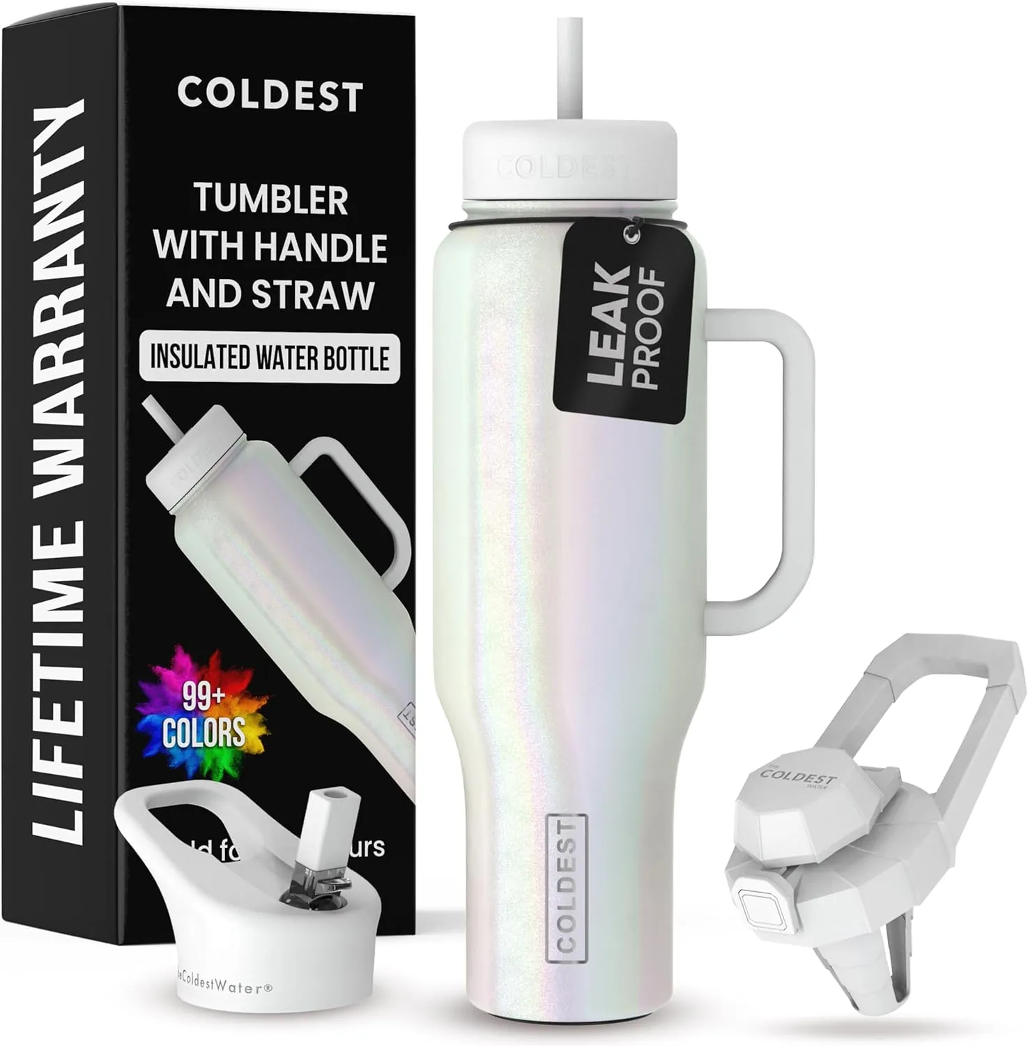 Coldest Tumbler with Handle and Straw Lid | 3 Lids Insulated Reusable Stainless Steel Water Bottle Travel Mug | Gifts for Women Him Her | Limitless Collection (46 oz, Cosmic Ice Glitter)