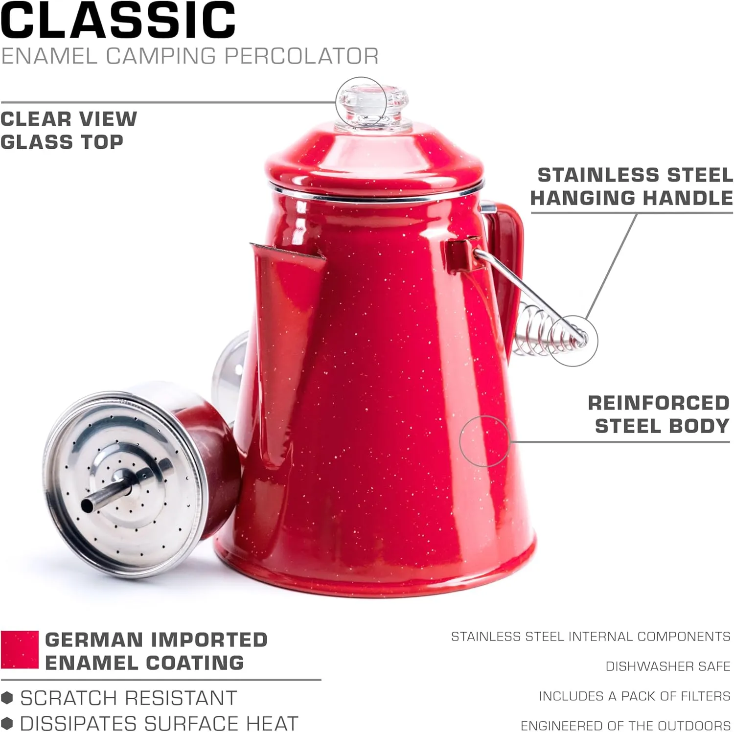 COLETTI Classic Percolator Coffee Pot — Camping Coffee Percolator, Campfire Coffee Pot – Camping Percolator for Groups — Brew for the Whole Campsite (Red, 12 Cup)