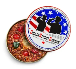 Collin Street Bakery Military Fruitcake in Collectible Gift Tin - 2021G Regular Size 7” Cake with Pecans, Cherries, Papaya, Raisins, & Honey