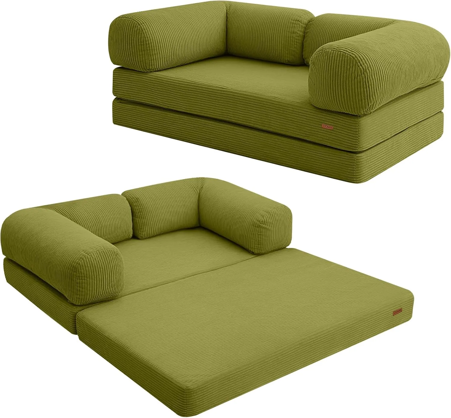 COMAX Futon Sofa Bed, 4-in-1 Floor Foldable Sofa Couch Bed Queen with L-Shaped Armrests, Convertible Folding Chair Bed Sleeper Mattress Fold Out Comfy Lounge for Living Room Bedroom, Light Green