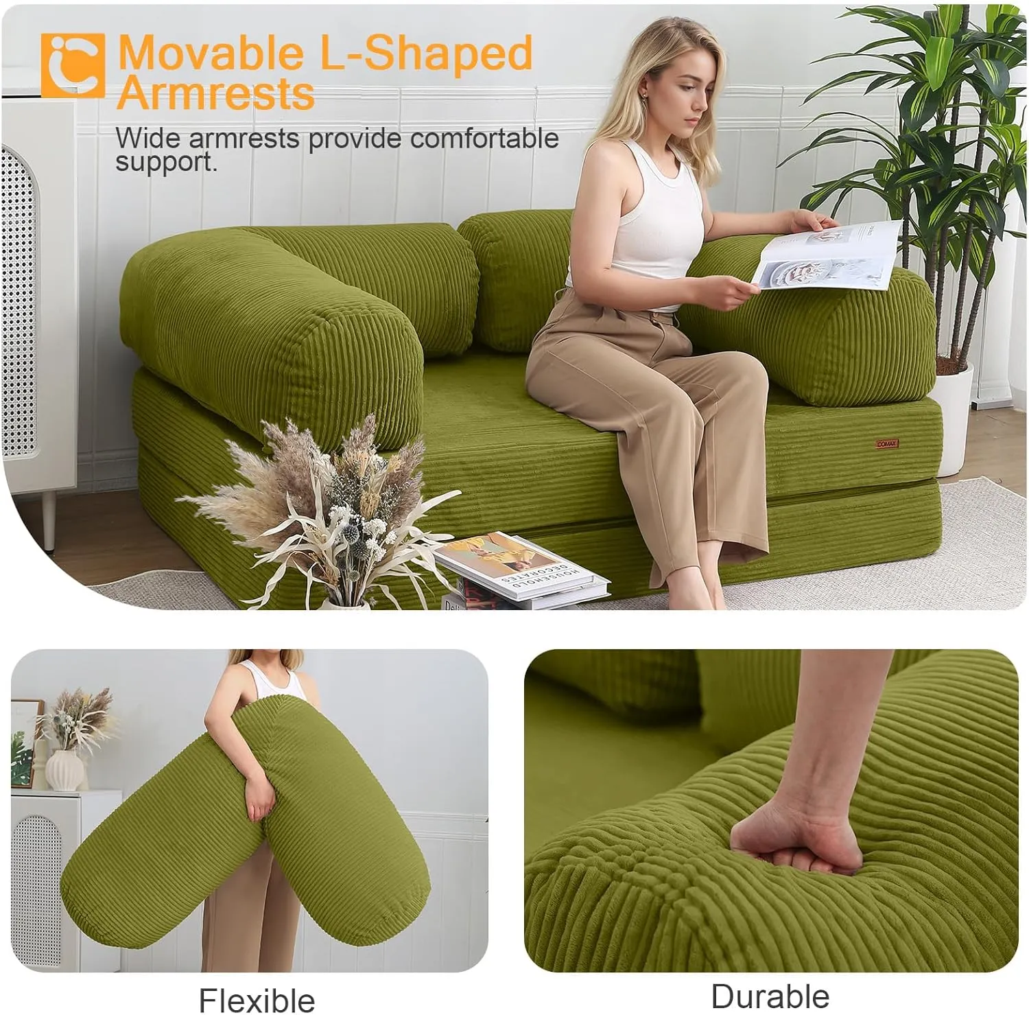 COMAX Futon Sofa Bed, 4-in-1 Floor Foldable Sofa Couch Bed Queen with L-Shaped Armrests, Convertible Folding Chair Bed Sleeper Mattress Fold Out Comfy Lounge for Living Room Bedroom, Light Green