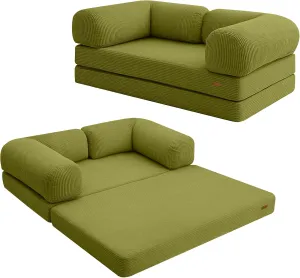 COMAX Futon Sofa Bed, 4-in-1 Floor Foldable Sofa Couch Bed Queen with L-Shaped Armrests, Convertible Folding Chair Bed Sleeper Mattress Fold Out Comfy Lounge for Living Room Bedroom, Light Green