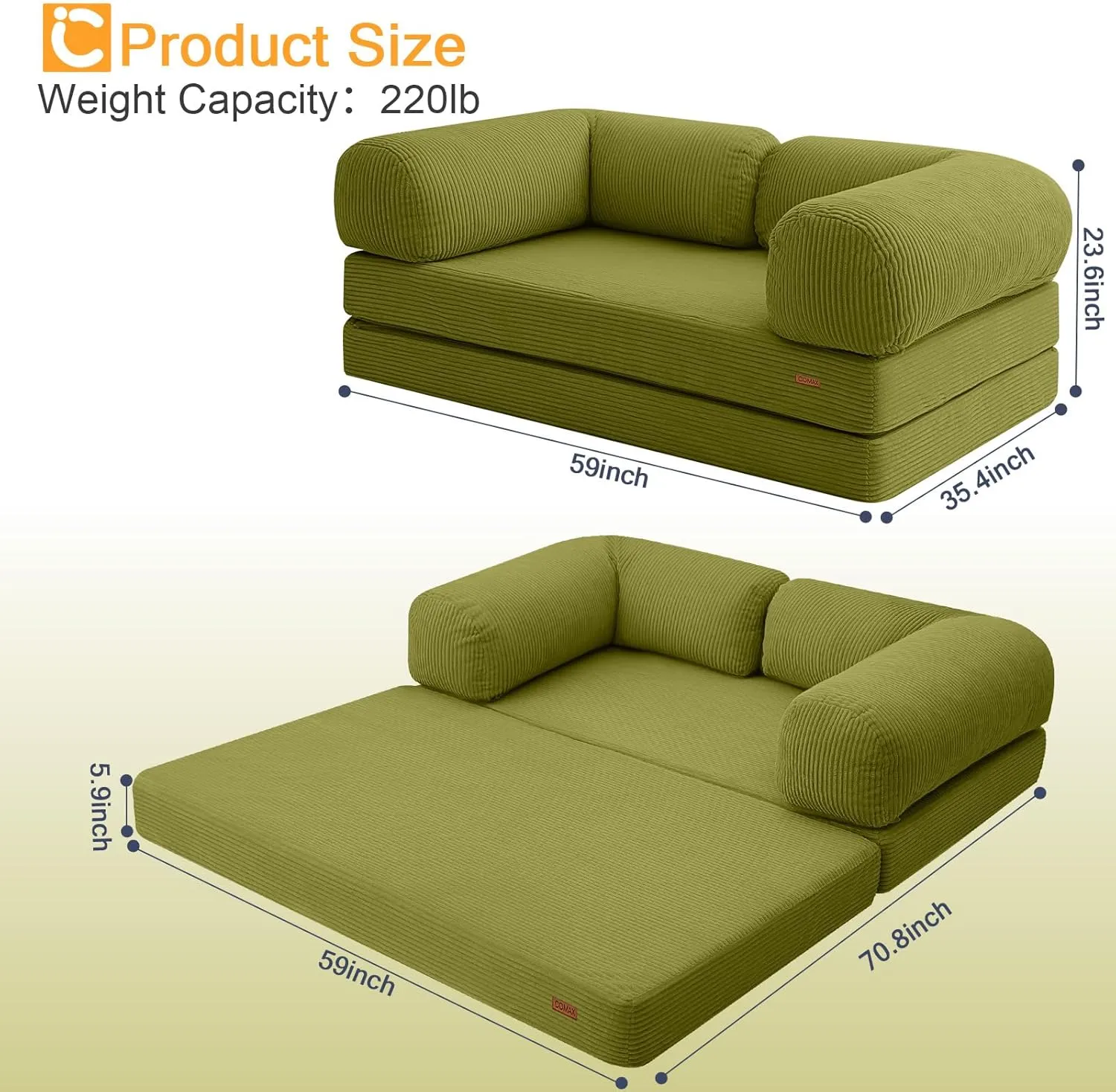 COMAX Futon Sofa Bed, 4-in-1 Floor Foldable Sofa Couch Bed Queen with L-Shaped Armrests, Convertible Folding Chair Bed Sleeper Mattress Fold Out Comfy Lounge for Living Room Bedroom, Light Green