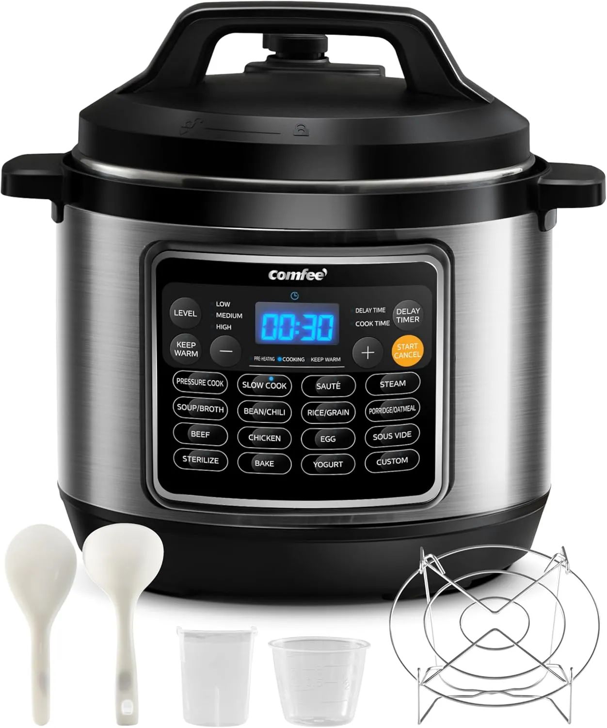 COMFEE' 16 in 1 Electric Pressure Cooker Olla de Presion Non-Stick Pot Yogurt Maker Rice Slow Saute Steamer 8 Quarts Stainless Steel