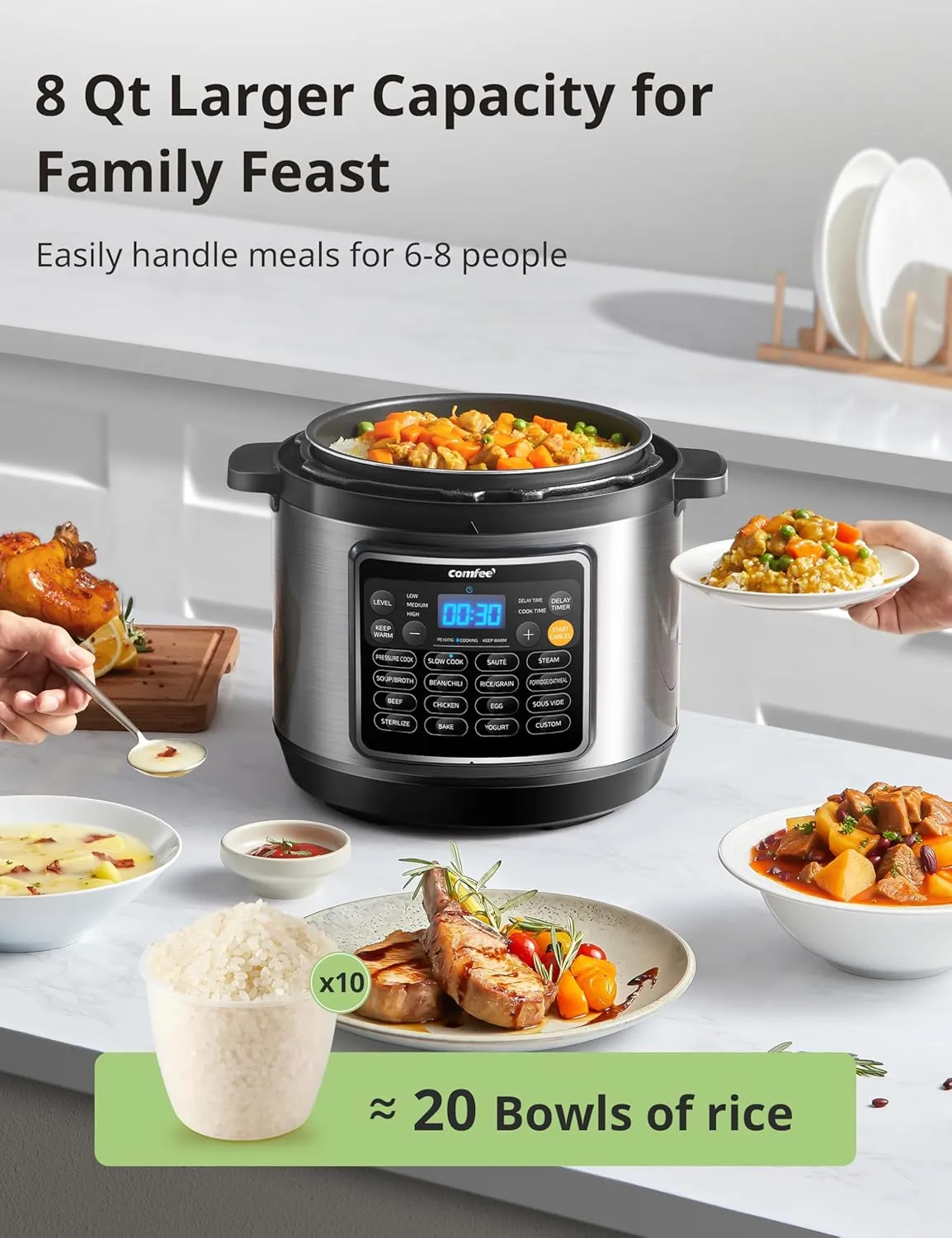 COMFEE' 16 in 1 Electric Pressure Cooker Olla de Presion Non-Stick Pot Yogurt Maker Rice Slow Saute Steamer 8 Quarts Stainless Steel
