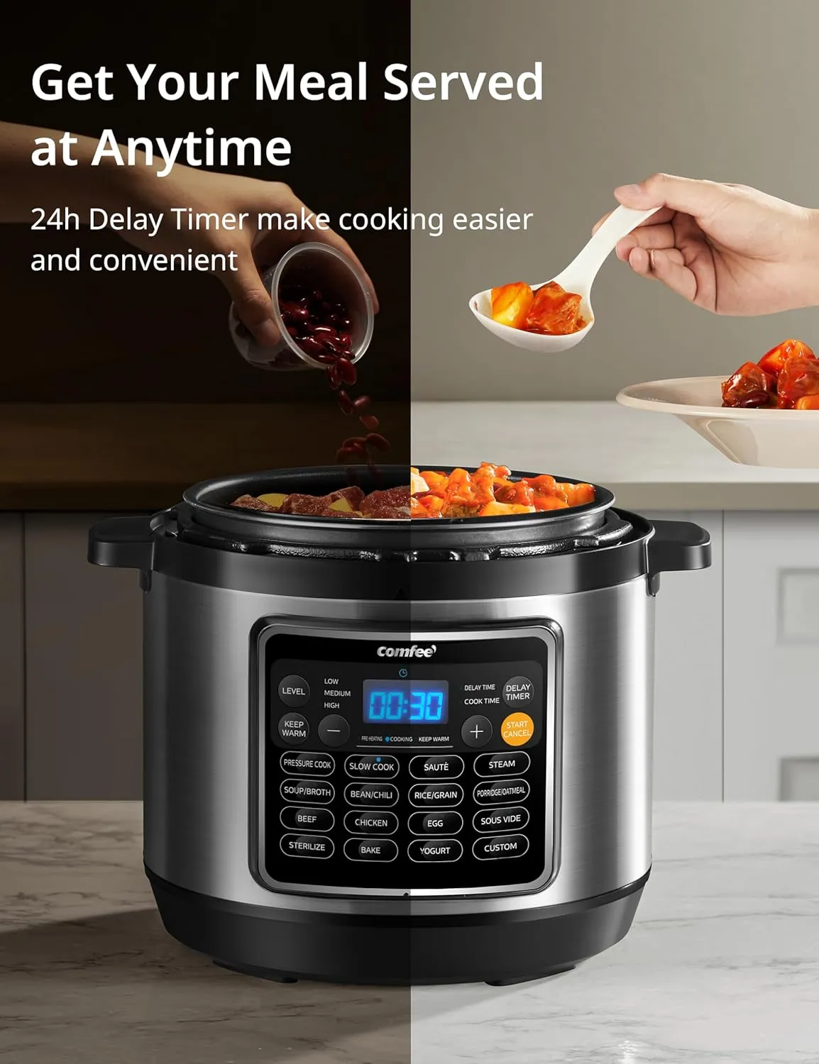 COMFEE' 16 in 1 Electric Pressure Cooker Olla de Presion Non-Stick Pot Yogurt Maker Rice Slow Saute Steamer 8 Quarts Stainless Steel