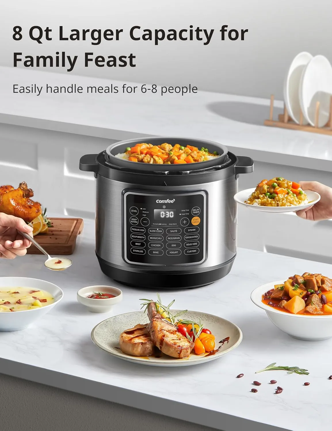 COMFEE’ Pressure Cooker 8 Quart with 16 Cooking Functions, Olla de Presion Non-Stick Pot Yogurt Maker Rice Cooker Slow Cooker Sauté Steamer, Healthy Ceramic Inner Pot