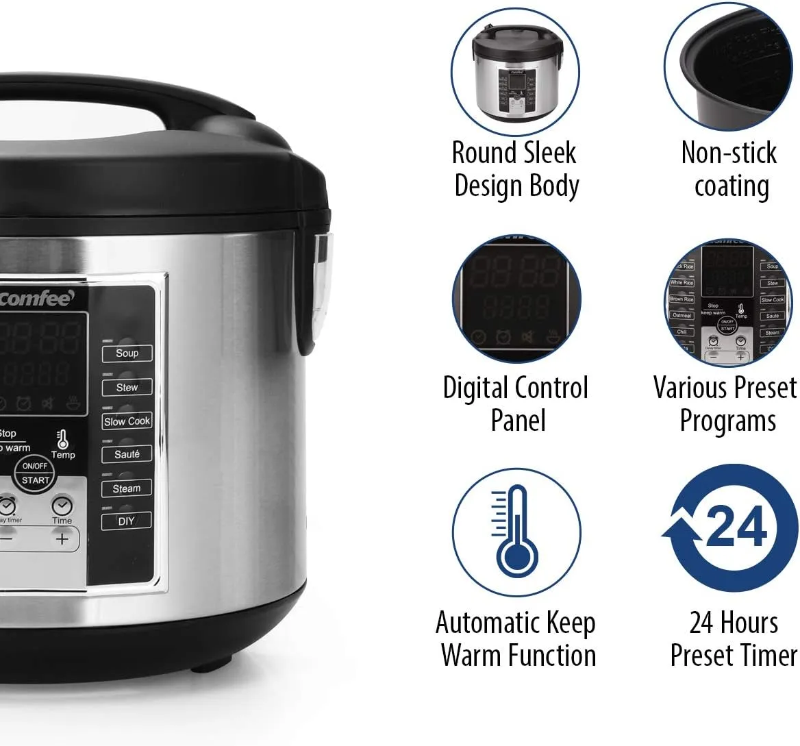 COMFEE' Rice Cooker, Slow Cooker, Steamer, Stewpot, Sauté All in One (12 Digital Cooking Programs) Multi Cooker (5.2Qt ) Large Capacity. 24 Hours Preset & Instant Keep Warm, Black/Silver (MB-M25)
