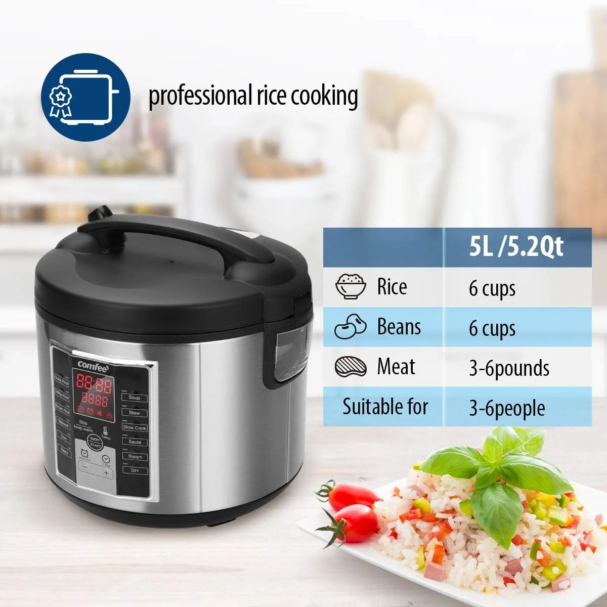 COMFEE' Rice Cooker, Slow Cooker, Steamer, Stewpot, Sauté All in One (12 Digital Cooking Programs) Multi Cooker (5.2Qt ) Large Capacity. 24 Hours Preset & Instant Keep Warm, Black/Silver (MB-M25)