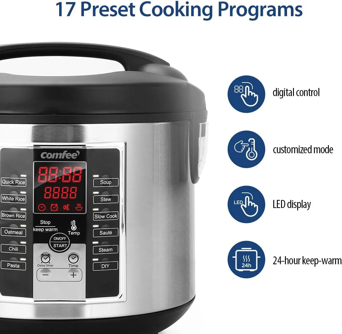 COMFEE' Rice Cooker, Slow Cooker, Steamer, Stewpot, Sauté All in One (12 Digital Cooking Programs) Multi Cooker (5.2Qt ) Large Capacity. 24 Hours Preset & Instant Keep Warm, Black/Silver (MB-M25)