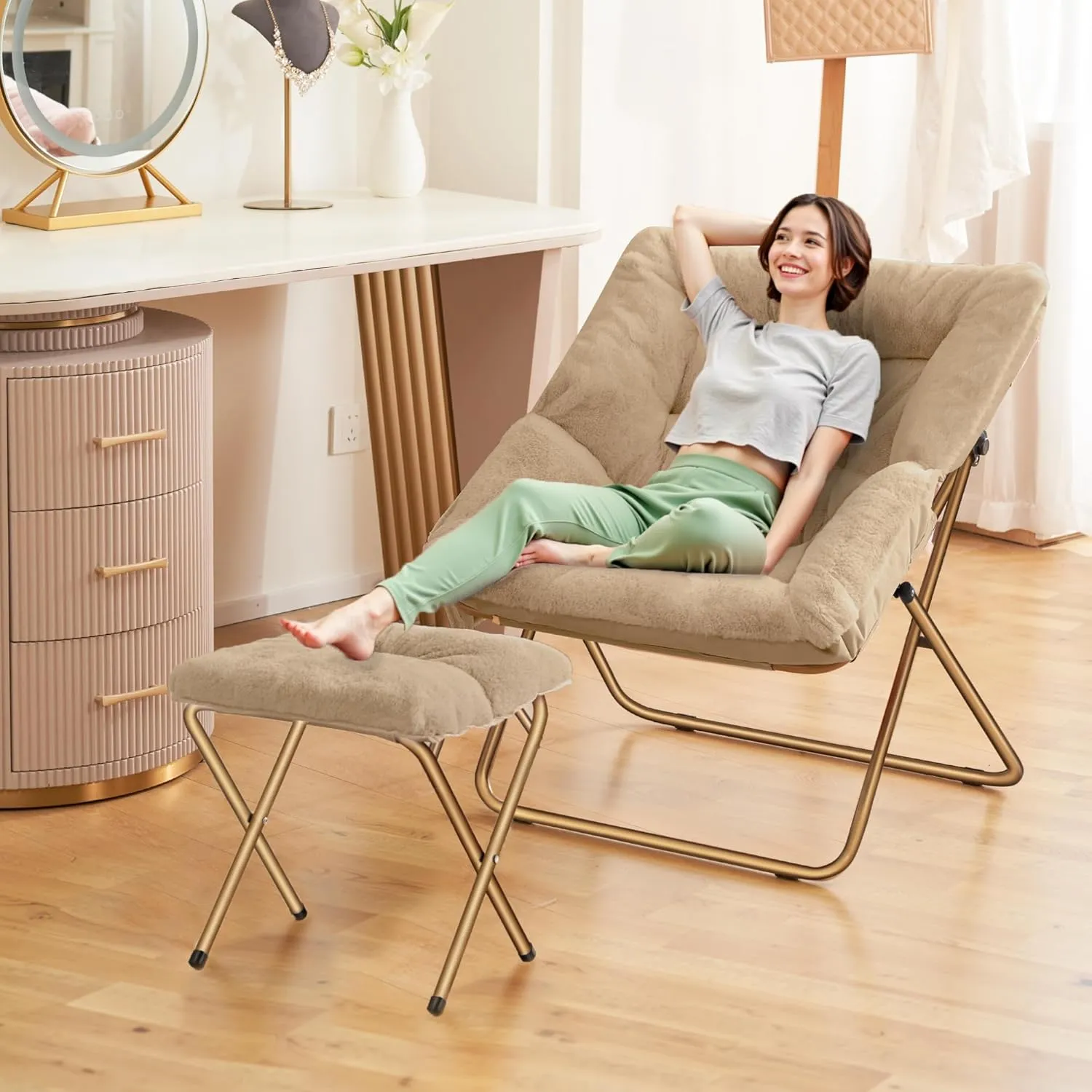 Comfy Saucer Chair, Foldable Living Room Chairs, Soft Faux Fur Lounge Chair for Bedroom, Reading Chairs for Adults, Kids, X-Large (Beige)