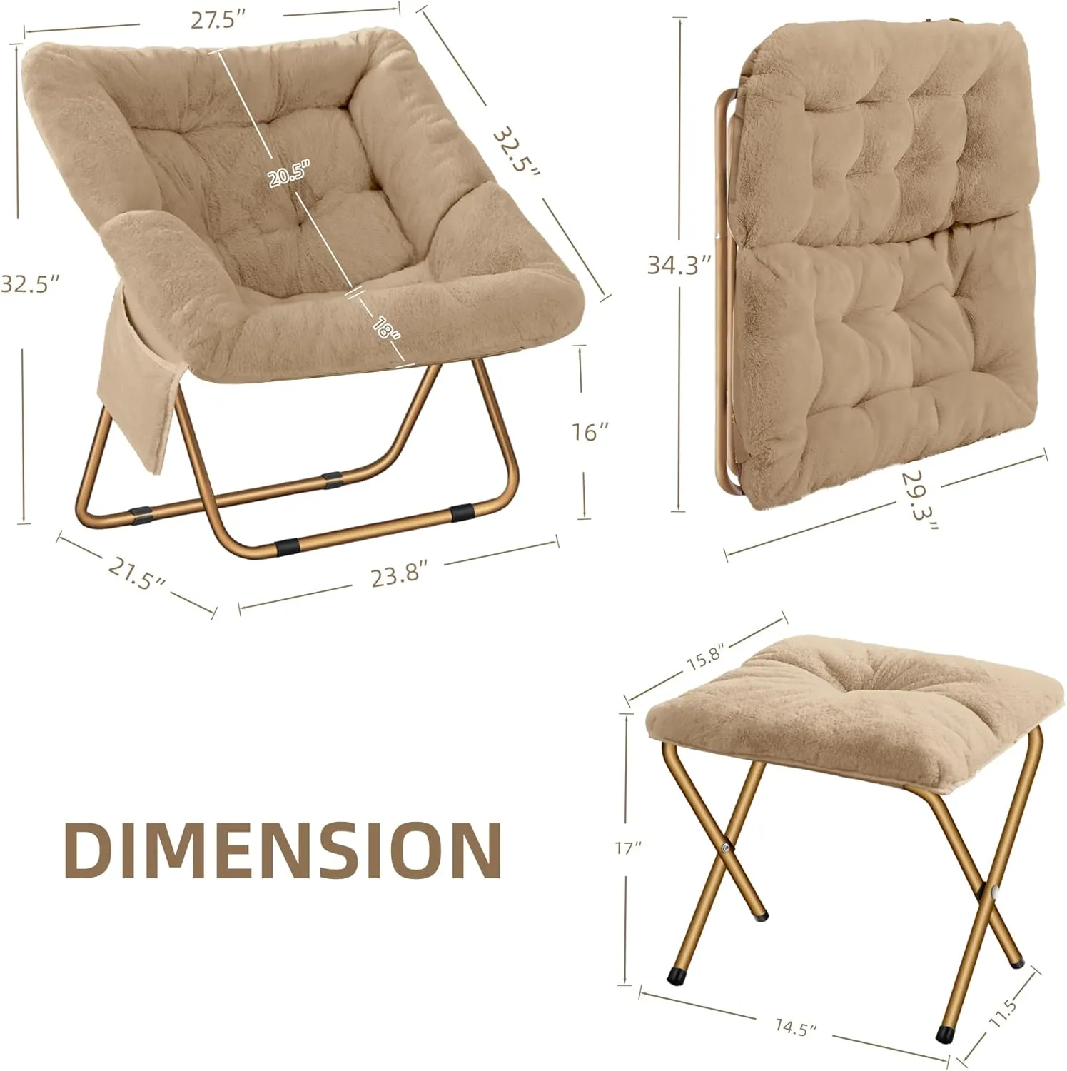 Comfy Saucer Chair, Foldable Living Room Chairs, Soft Faux Fur Lounge Chair for Bedroom, Reading Chairs for Adults, Kids, X-Large (Beige)