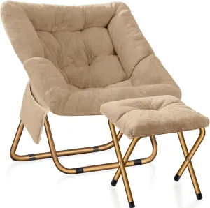 Comfy Saucer Chair, Foldable Living Room Chairs, Soft Faux Fur Lounge Chair for Bedroom, Reading Chairs for Adults, Kids, X-Large (Beige)