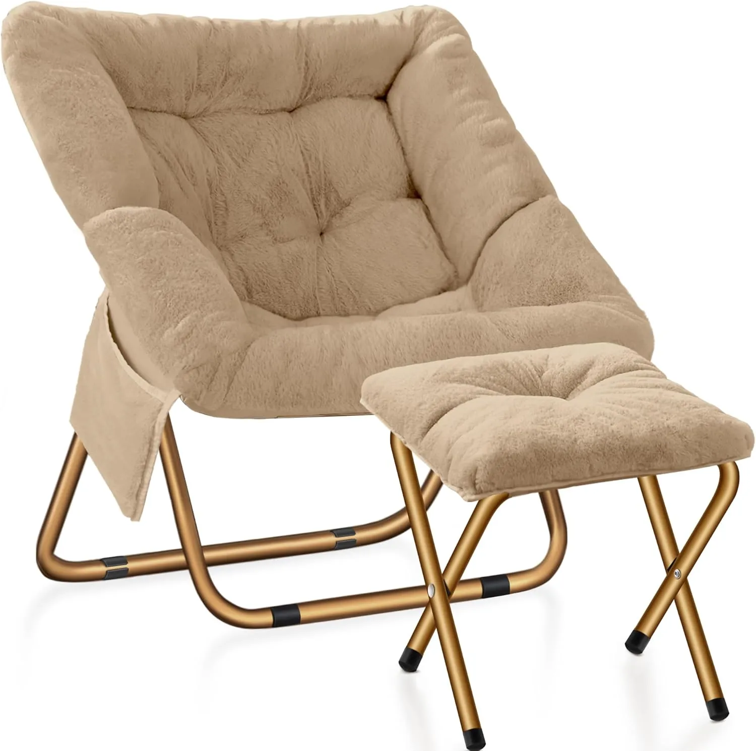 Comfy Saucer Chair, Foldable Living Room Chairs, Soft Faux Fur Lounge Chair for Bedroom, Reading Chairs for Adults, Kids, X-Large (Beige)