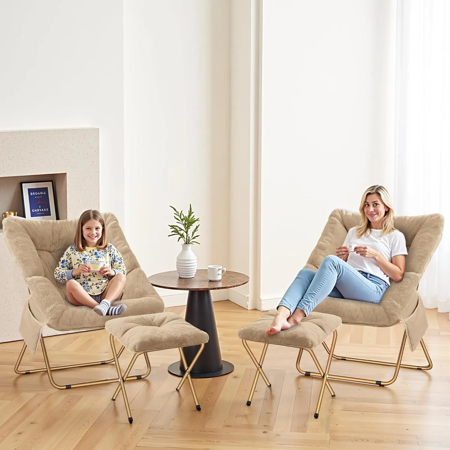 Comfy Saucer Chair, Foldable Living Room Chairs, Soft Faux Fur Lounge Chair for Bedroom, Reading Chairs for Adults, Kids, X-Large (Beige)