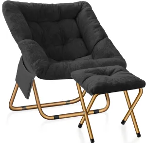 Comfy Saucer Chair, Foldable Living Room Chairs, Soft Faux Fur Lounge Chair for Bedroom, Reading Chairs for Adults, Kids, X-Large (Black)