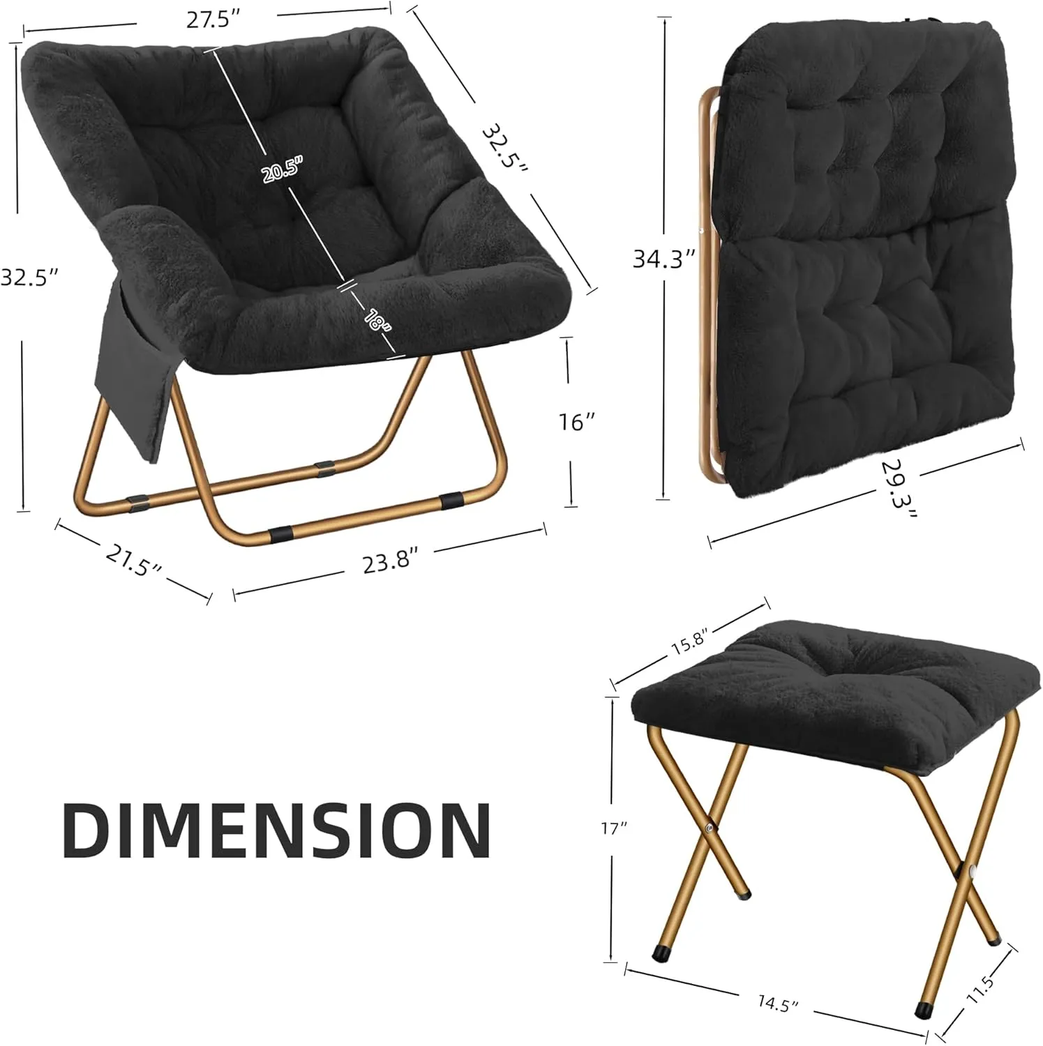Comfy Saucer Chair, Foldable Living Room Chairs, Soft Faux Fur Lounge Chair for Bedroom, Reading Chairs for Adults, Kids, X-Large (Black)
