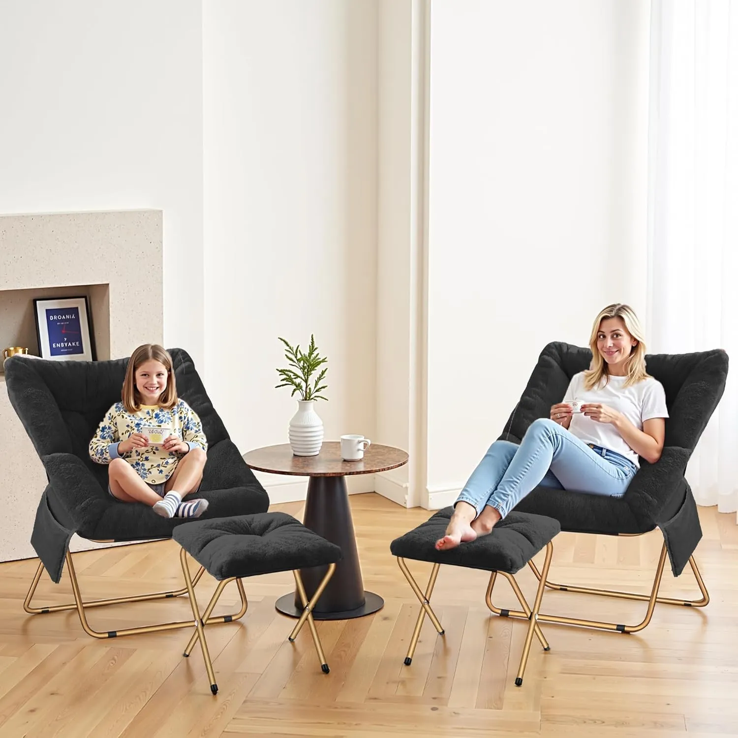 Comfy Saucer Chair, Foldable Living Room Chairs, Soft Faux Fur Lounge Chair for Bedroom, Reading Chairs for Adults, Kids, X-Large (Black)