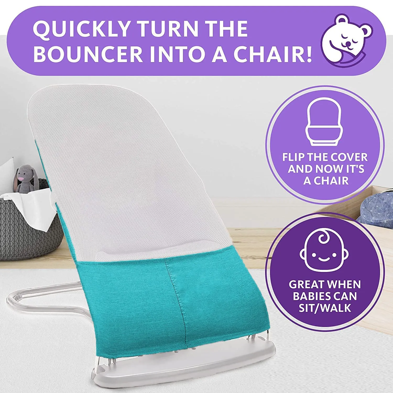 ComfyBumpy Ergonomic Baby Bouncer Seat - Bonus Travel Carry Case - Safe, Portable Bouncing Chair with Adjustable Height Positions - Infant Sleeper Bouncy Seat Perfect for Newborn Babies (Turquoise)
