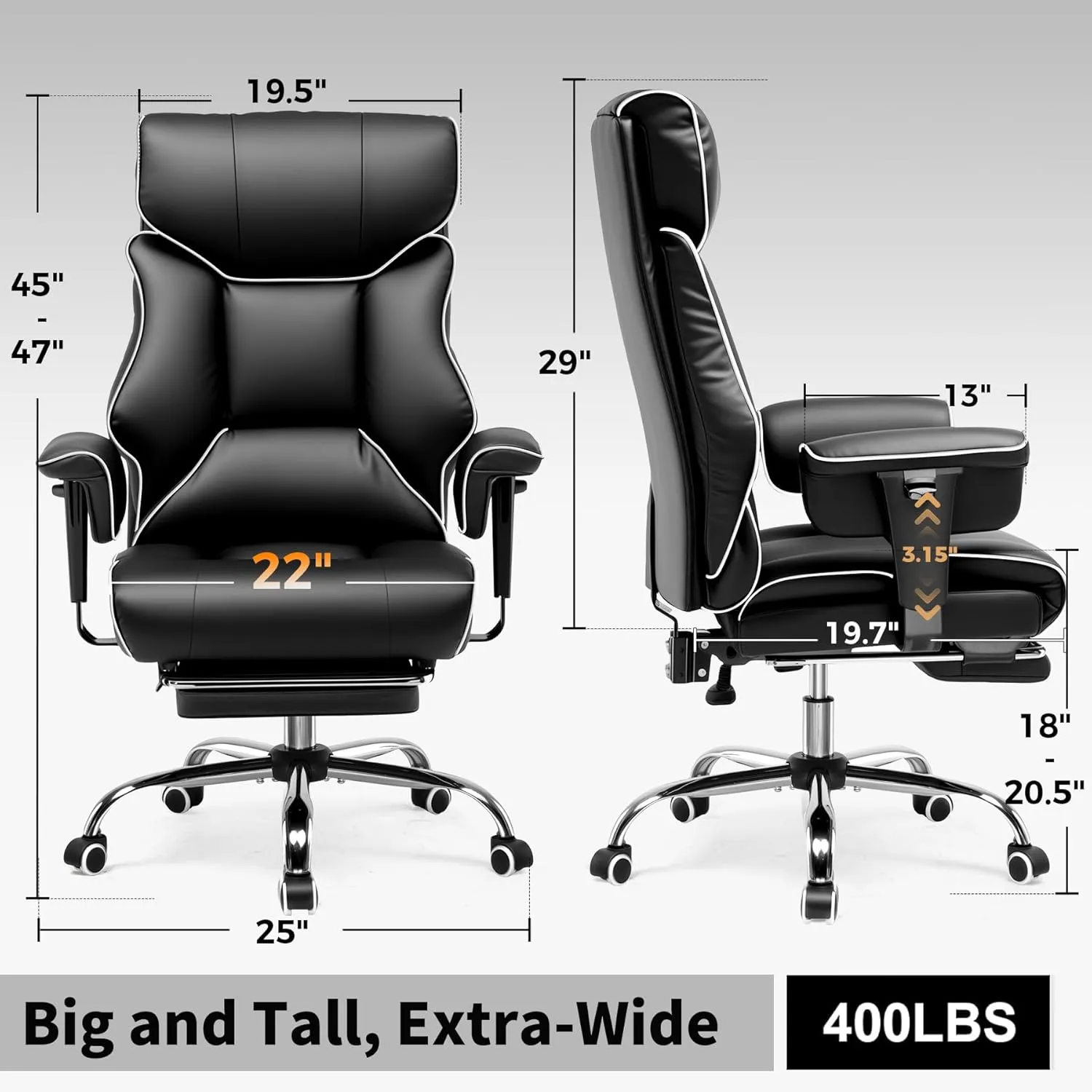 COMHOMA Big and Tall Office Chair 400lbs High Back Leather Executive Chair with Ergonomic Lumbar Support & Pocket Spring Cushion for Lower Back Pain Relief, White Black