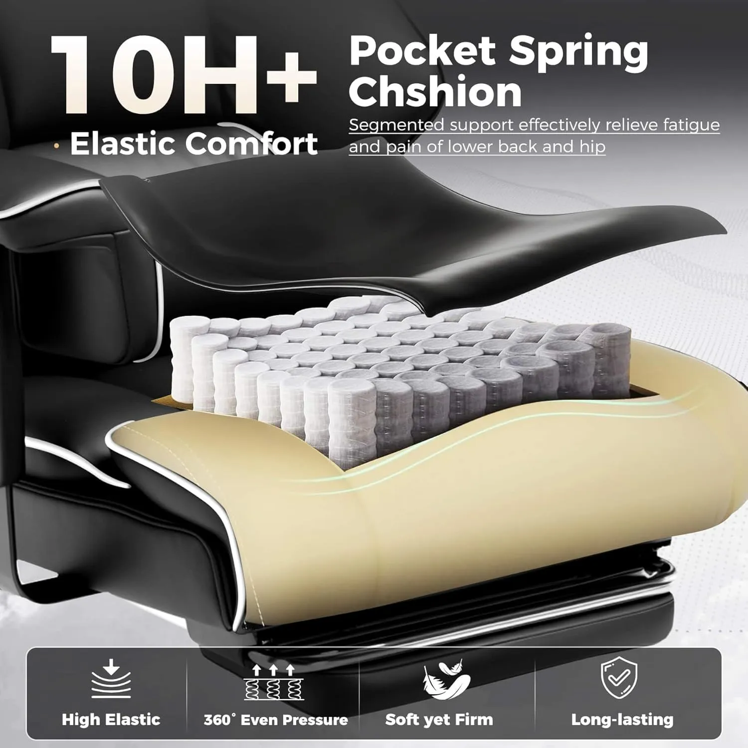 COMHOMA Big and Tall Office Chair 400lbs High Back Leather Executive Chair with Ergonomic Lumbar Support & Pocket Spring Cushion for Lower Back Pain Relief, White Black