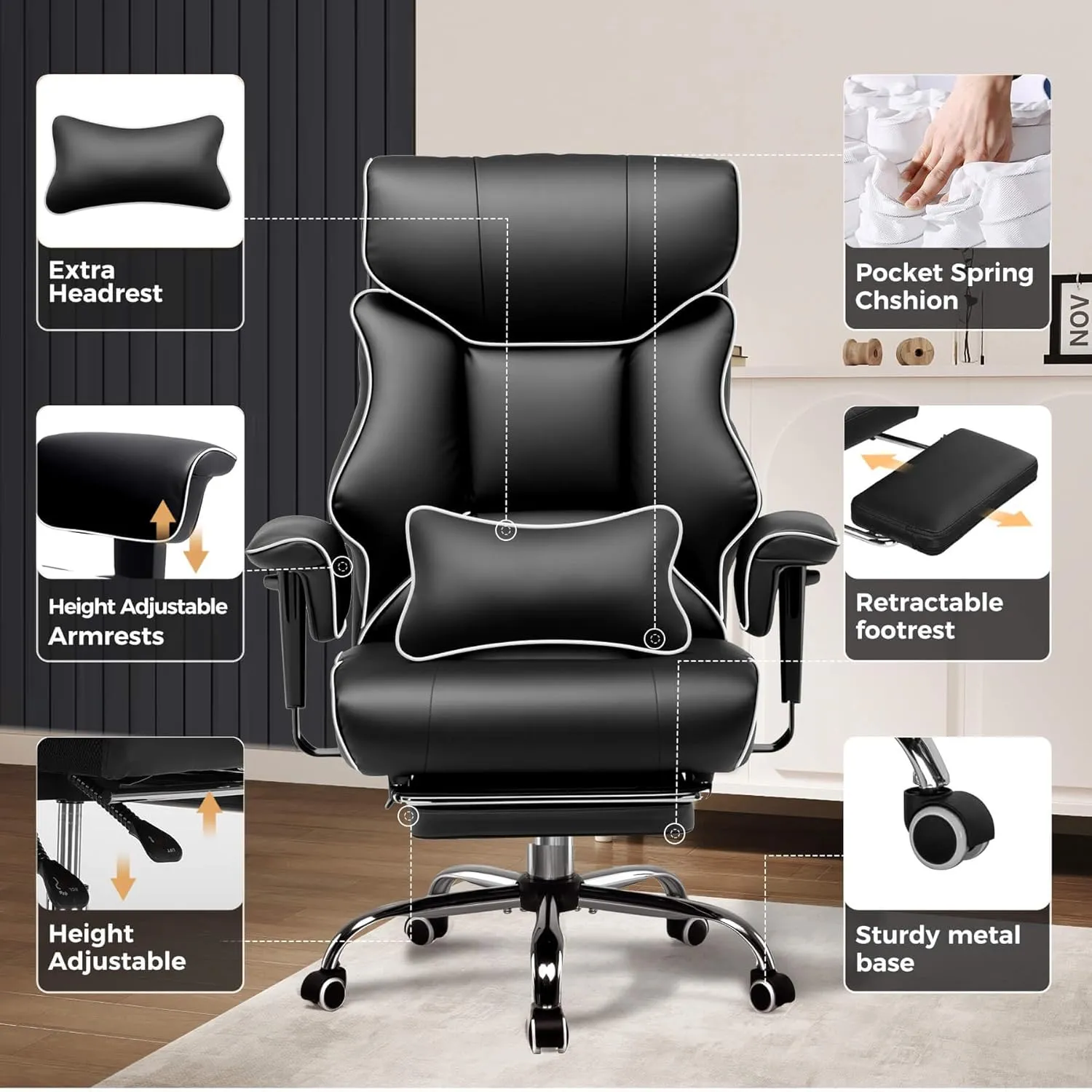 COMHOMA Big and Tall Office Chair 400lbs High Back Leather Executive Chair with Ergonomic Lumbar Support & Pocket Spring Cushion for Lower Back Pain Relief, White Black