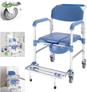 Commode Chair,Toilet Chair Wheeled Shower Commode Chair,4 in 1 Commode Chair/with Wheeled Toilet Chair/Wheelchair Shower Transport Chair /4 Wheel Brakes/Foldable Mobile Toilet Elderly Disabled Person