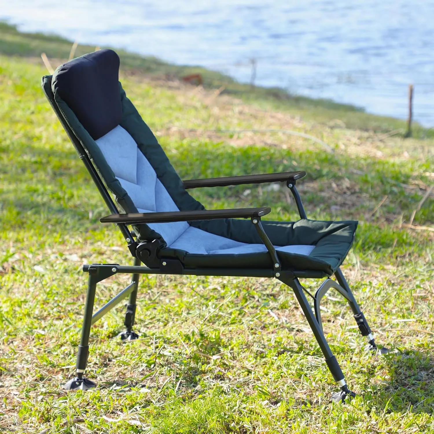 Convenient Camping Lounge Chair with Adjustable Backrest, Portable Folding Reclining for Beach, Hiking, and Fishing, Green/Black/Grey