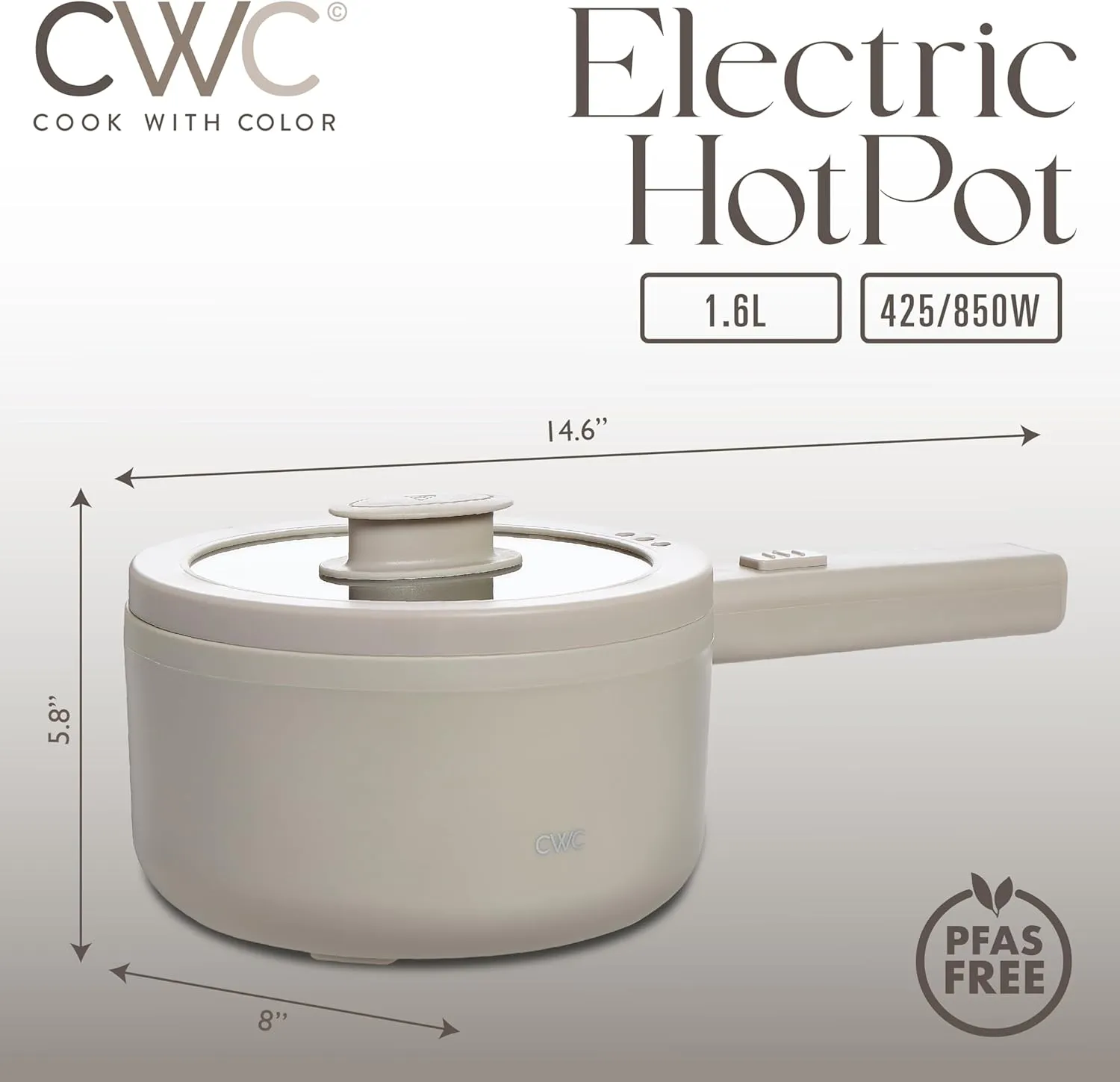 COOK WITH COLOR Electric Hot Pot, 1.6L Mini Cooker, 700W Power, Non-Stick Surface, Thermal Cut-Out Protection, Perfect for Rice, Noodles, Soups, Stews, Dorms, Apartments, and Small Kitchens, Greige