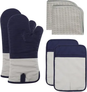 COOK WITH COLOR Silicone Oven Mitts- Heat Resistant Gloves with Soft Quilted Lining Oven Mitt Pot Holders for Cooking and BBQ, Navy, Material Mitt Set