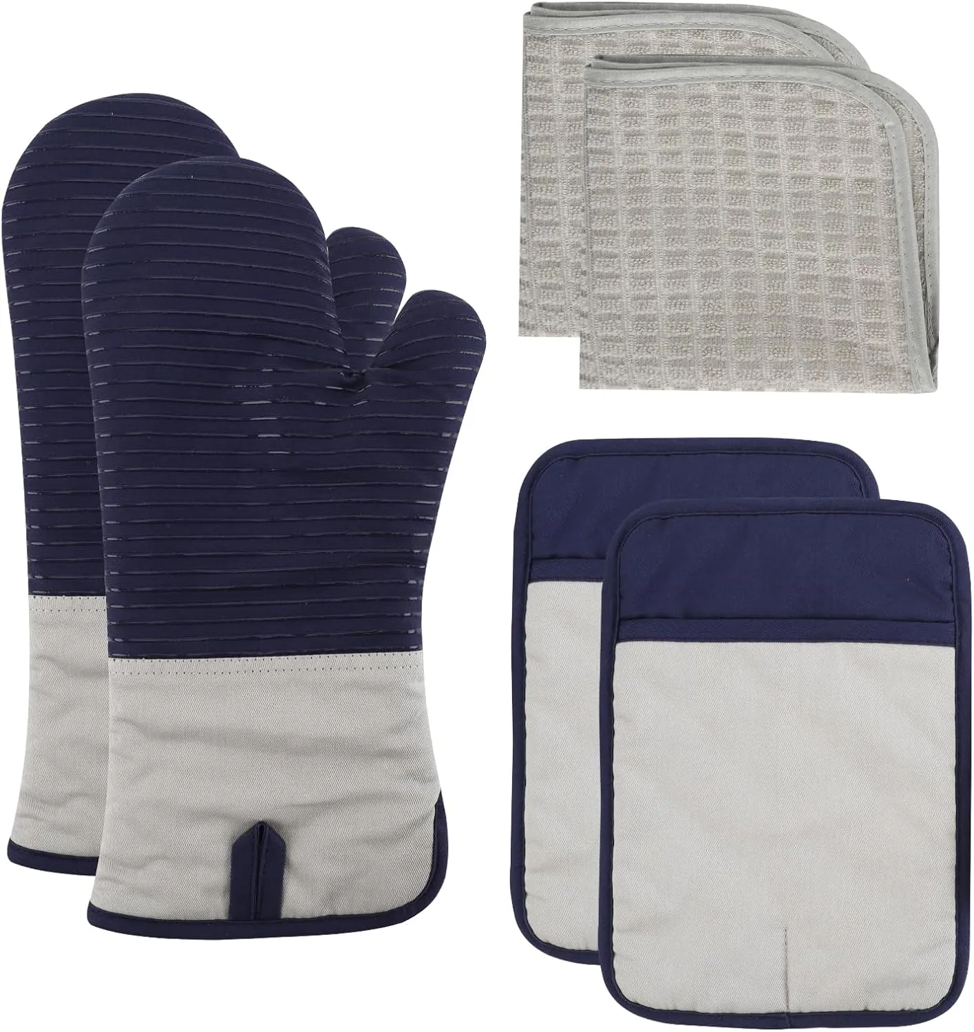 COOK WITH COLOR Silicone Oven Mitts- Heat Resistant Gloves with Soft Quilted Lining Oven Mitt Pot Holders for Cooking and BBQ, Navy, Material Mitt Set