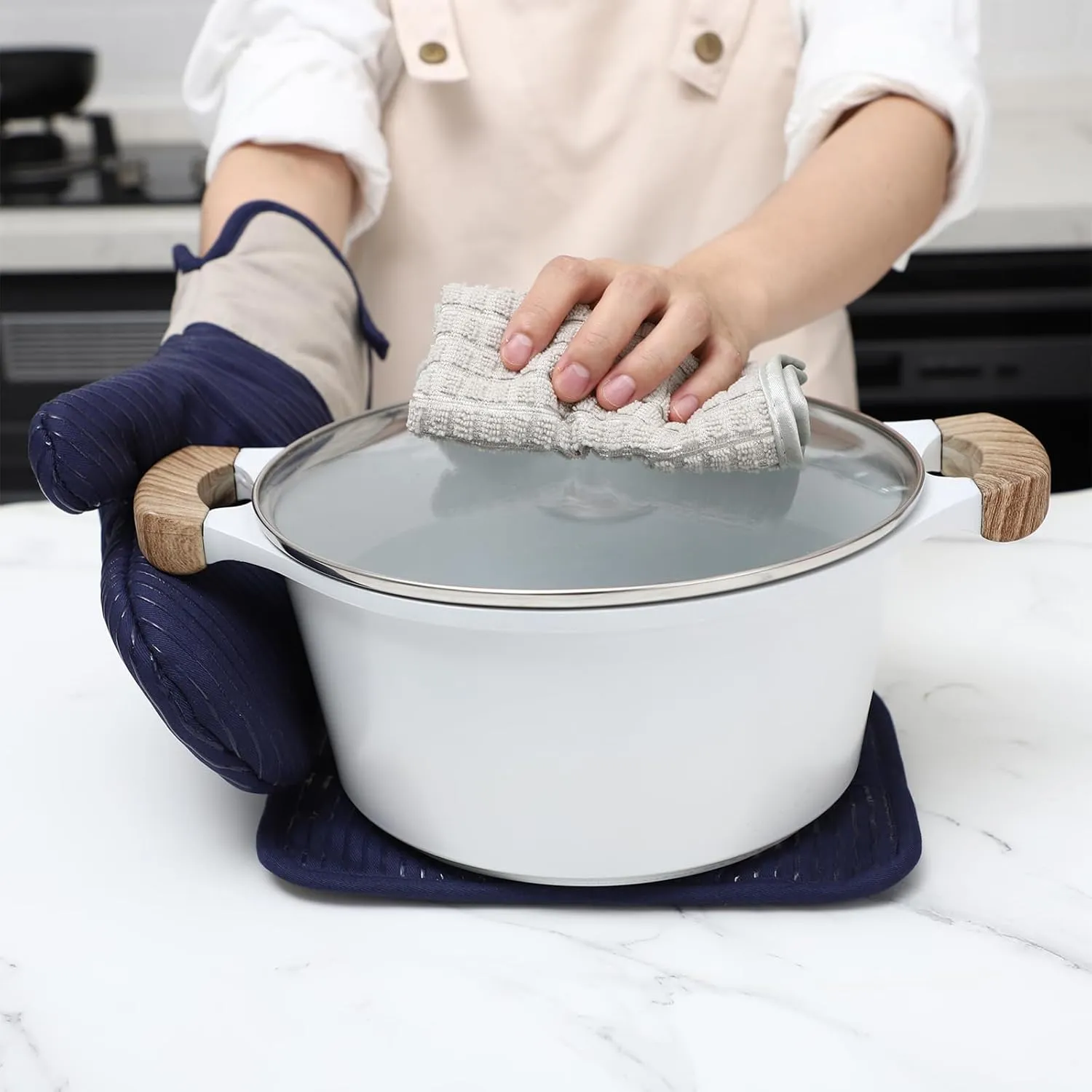 COOK WITH COLOR Silicone Oven Mitts- Heat Resistant Gloves with Soft Quilted Lining Oven Mitt Pot Holders for Cooking and BBQ, Navy, Material Mitt Set