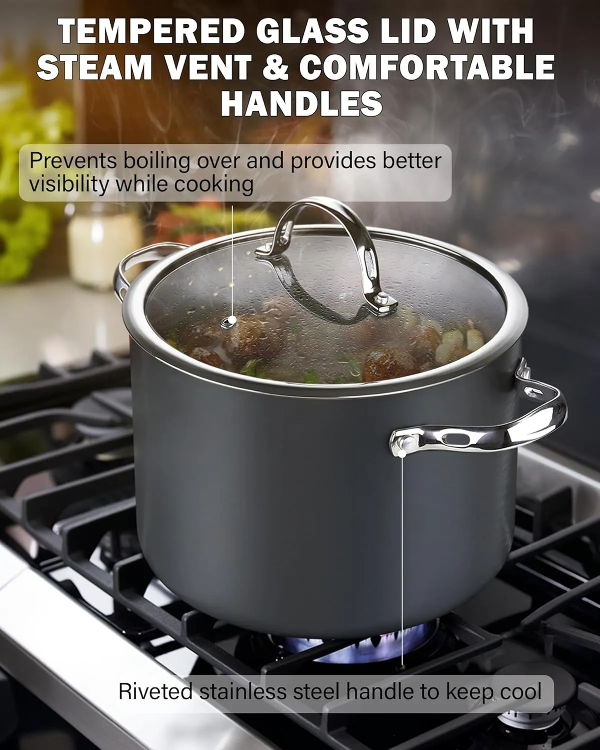 Cooks Standard Stockpot Dutch Oven Casserole with Glass Lid, 8-Quart Classic Hard Anodized Nonstick Soup Pot, Black