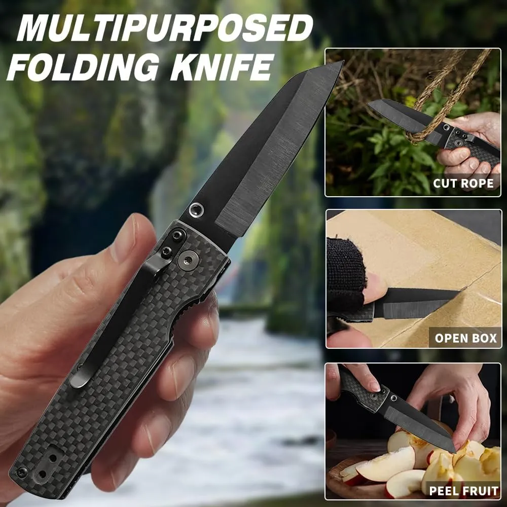 Cool Hand 3.87’’ Folding Pocket Knife - 2.75’’ Black Ceramic Sheep Foot Blade, Carbon Fiber Handle & Secure Liner Lock